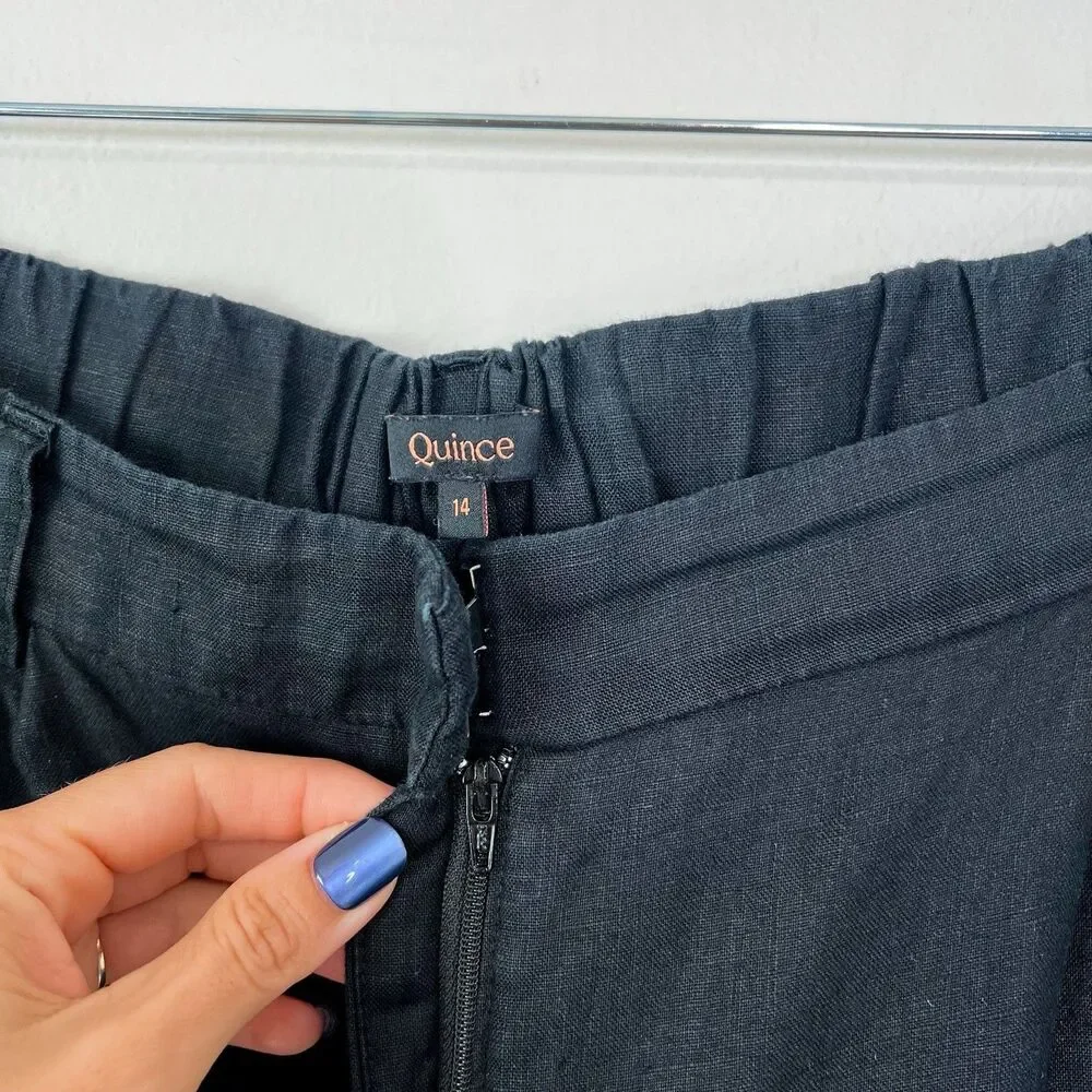 Quince 100% European Linen Pleated Trousers Black Size 14 Wide Leg High Rise